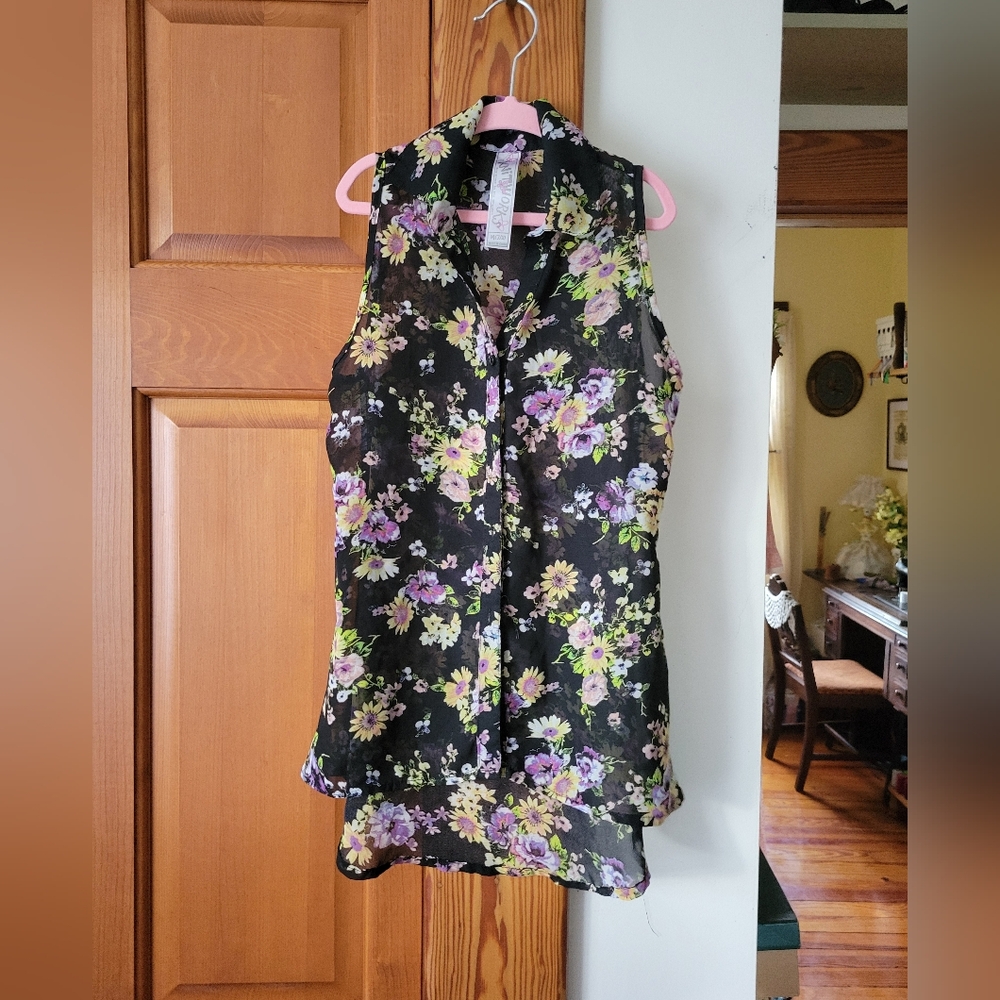 Knitworks Black Floral Sleeveless Sheer Button Up Blouse Top Girls M 7-8